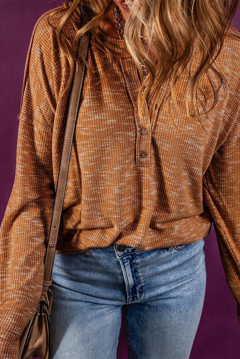 Khaki Yellow Rib Knit Drop Shoulder Long Sleeve Henley Top