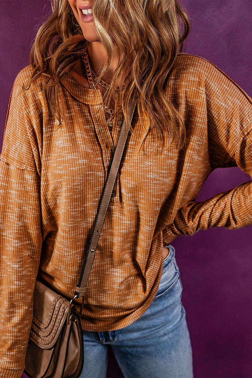 Khaki Yellow Rib Knit Drop Shoulder Long Sleeve Henley Top