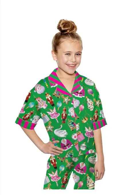 Kids Silky Holiday Baubles - Short Sleeve with Pants Pajama Set