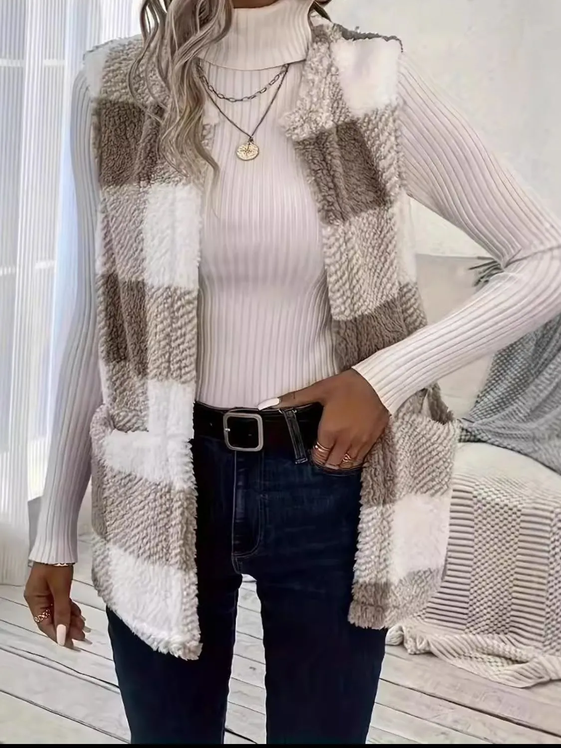 Knitted Plaid Open Front Vest Coat