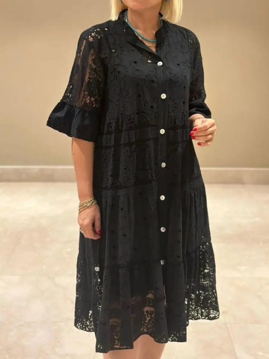 Lace Button Up Solid Loose Dress