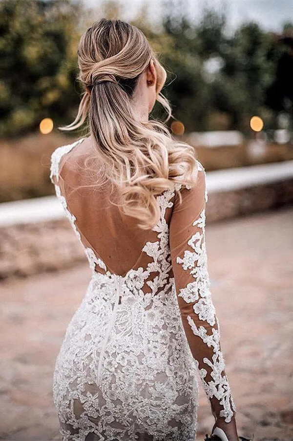 Lace Mermaid Backless Long Sleeves Wedding Dresses, Bridal Gown, SW450