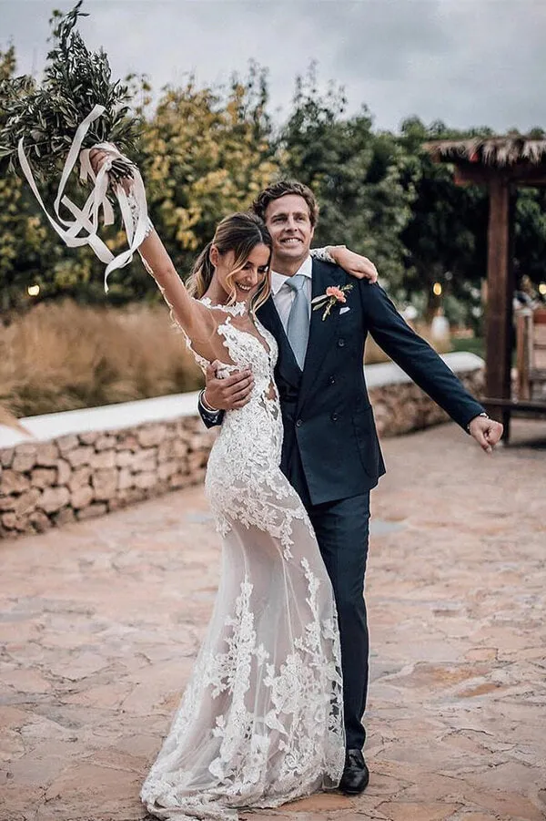 Lace Mermaid Backless Long Sleeves Wedding Dresses, Bridal Gown, SW450