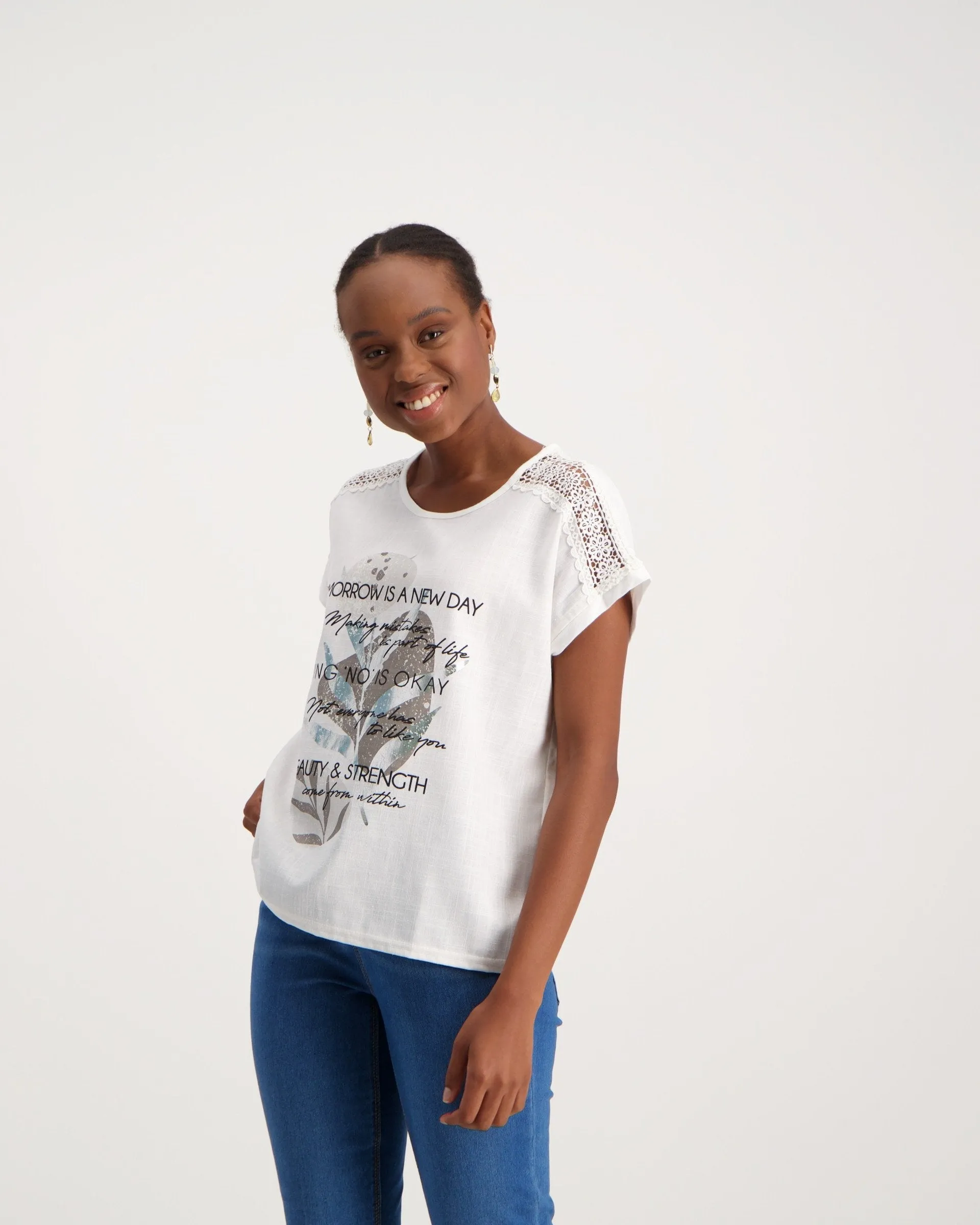 Ladies Lace Trim T-Shirt - White