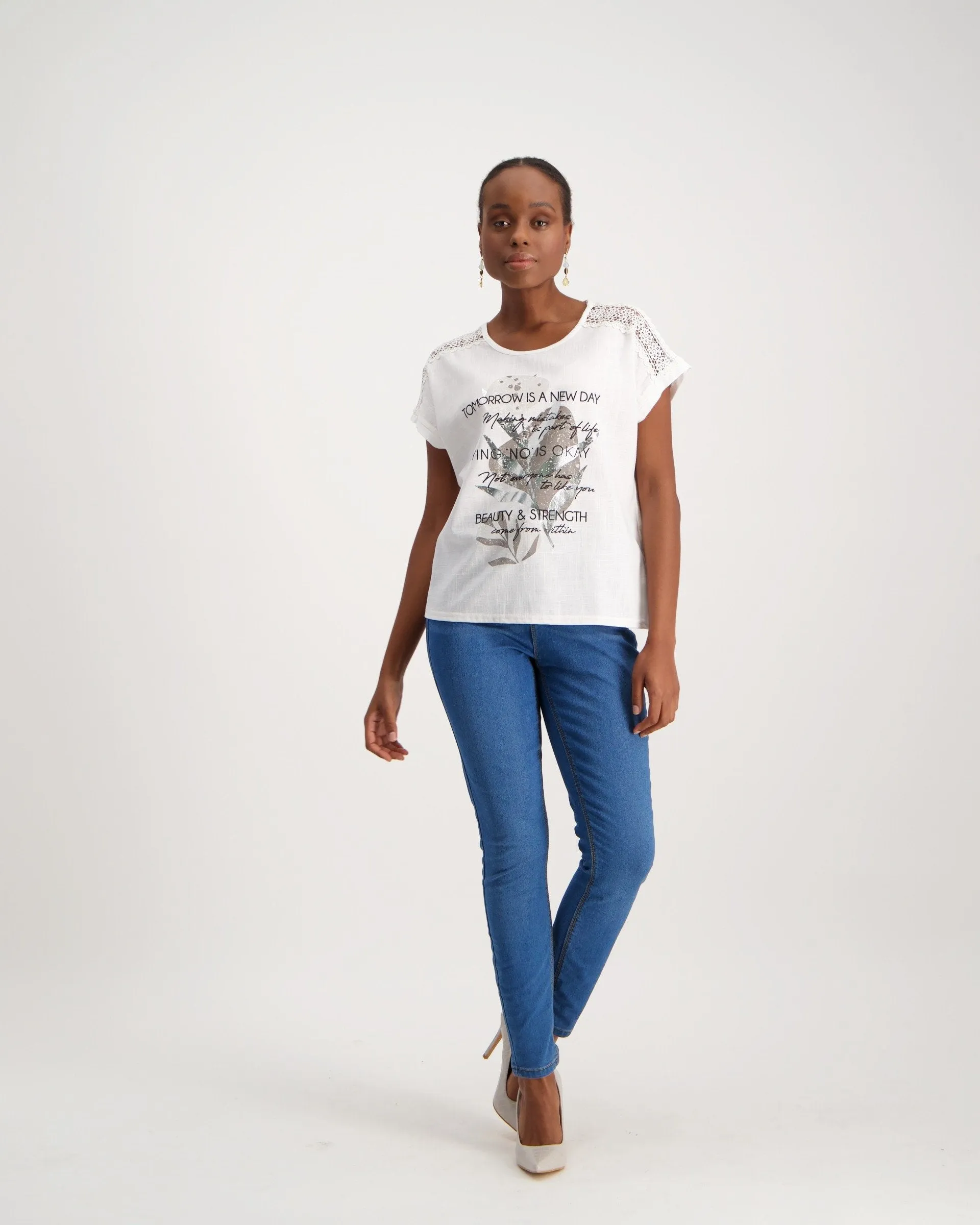 Ladies Lace Trim T-Shirt - White