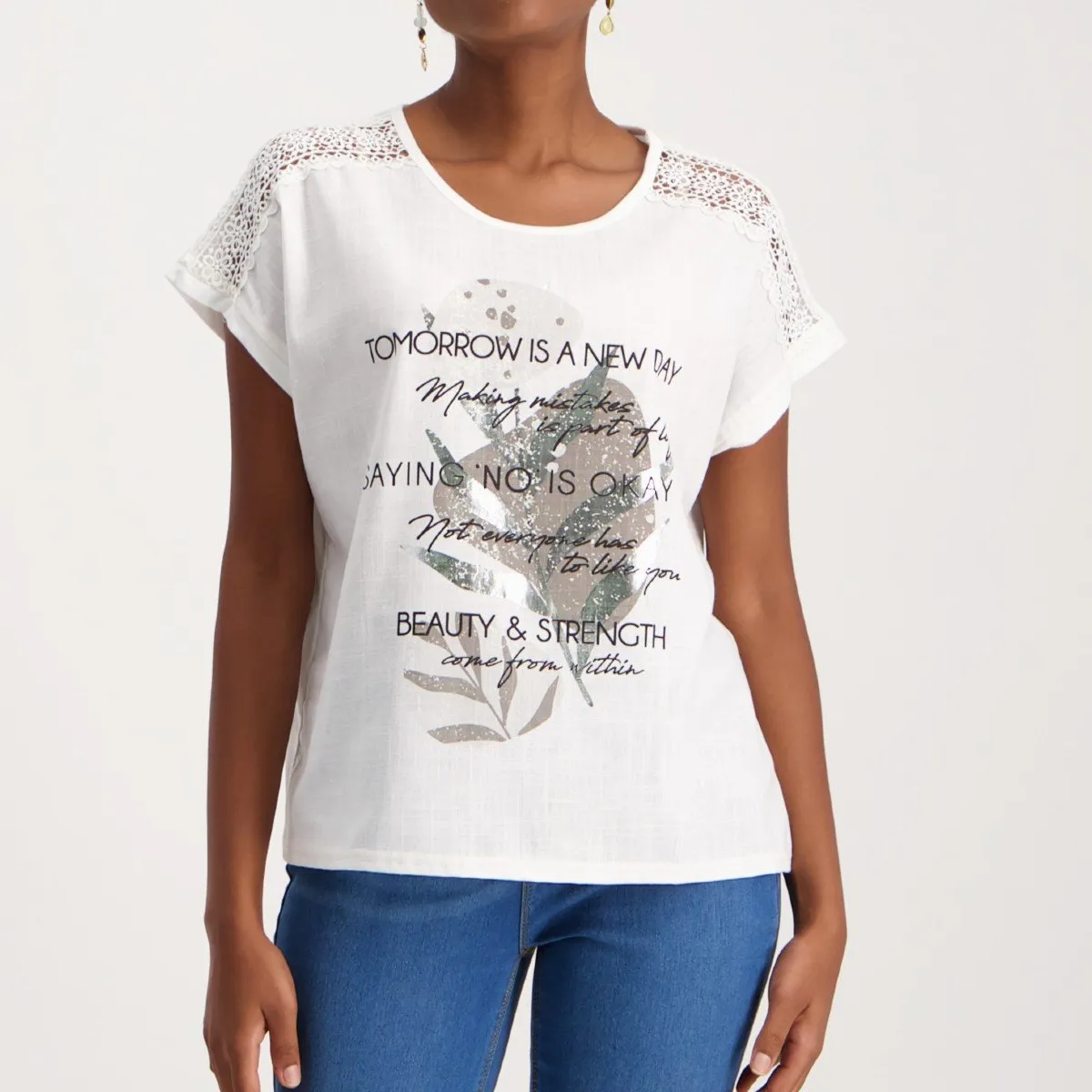 Ladies Lace Trim T-Shirt - White