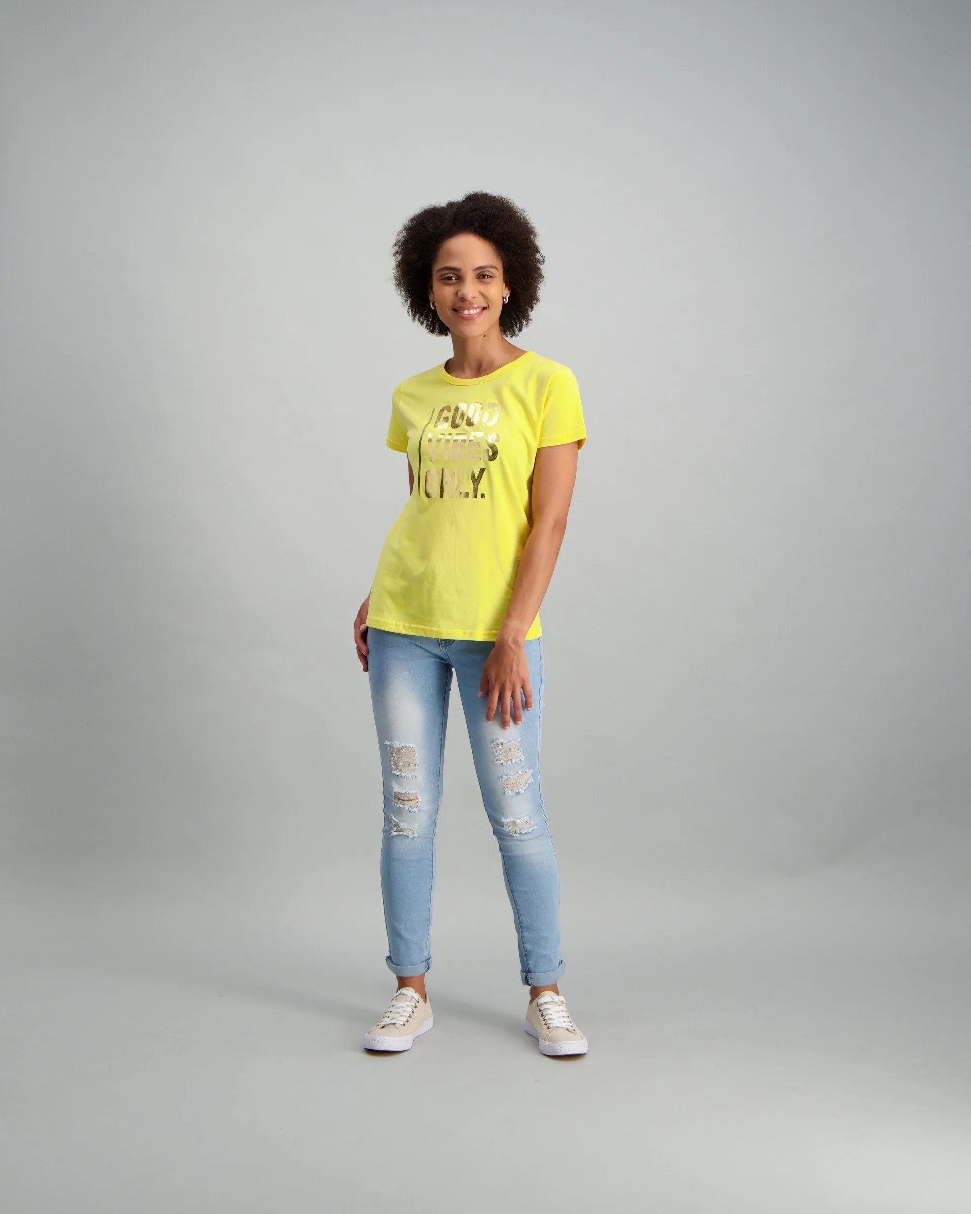 Ladies Short Sleeve Good Vibes T-Shirt - Yellow