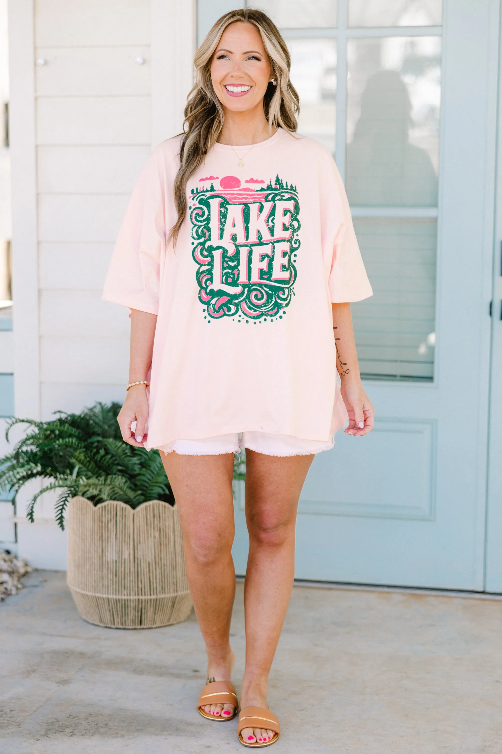 Lake Days Boyfriend Tee, Cream Pink