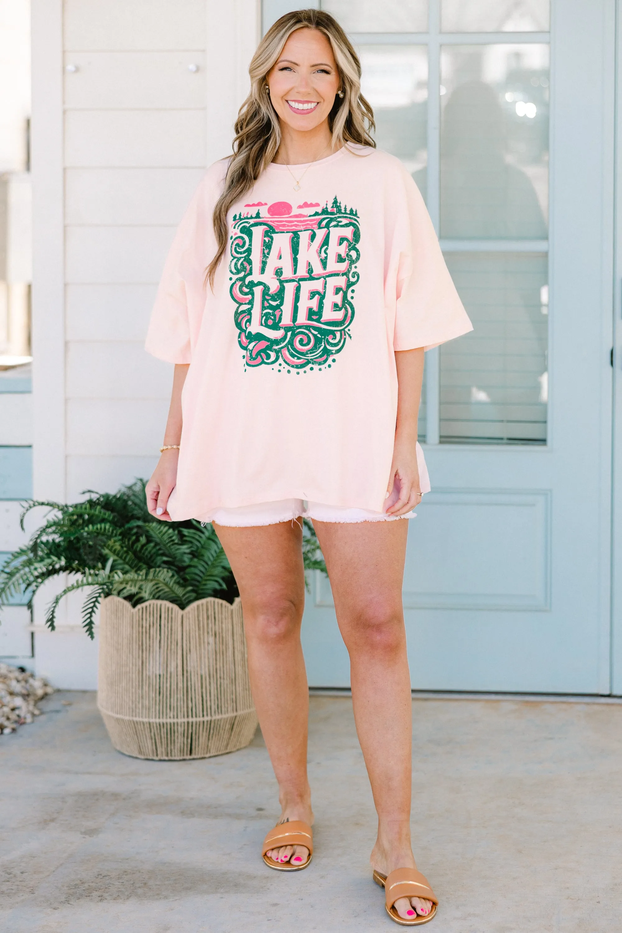 Lake Days Boyfriend Tee, Cream Pink