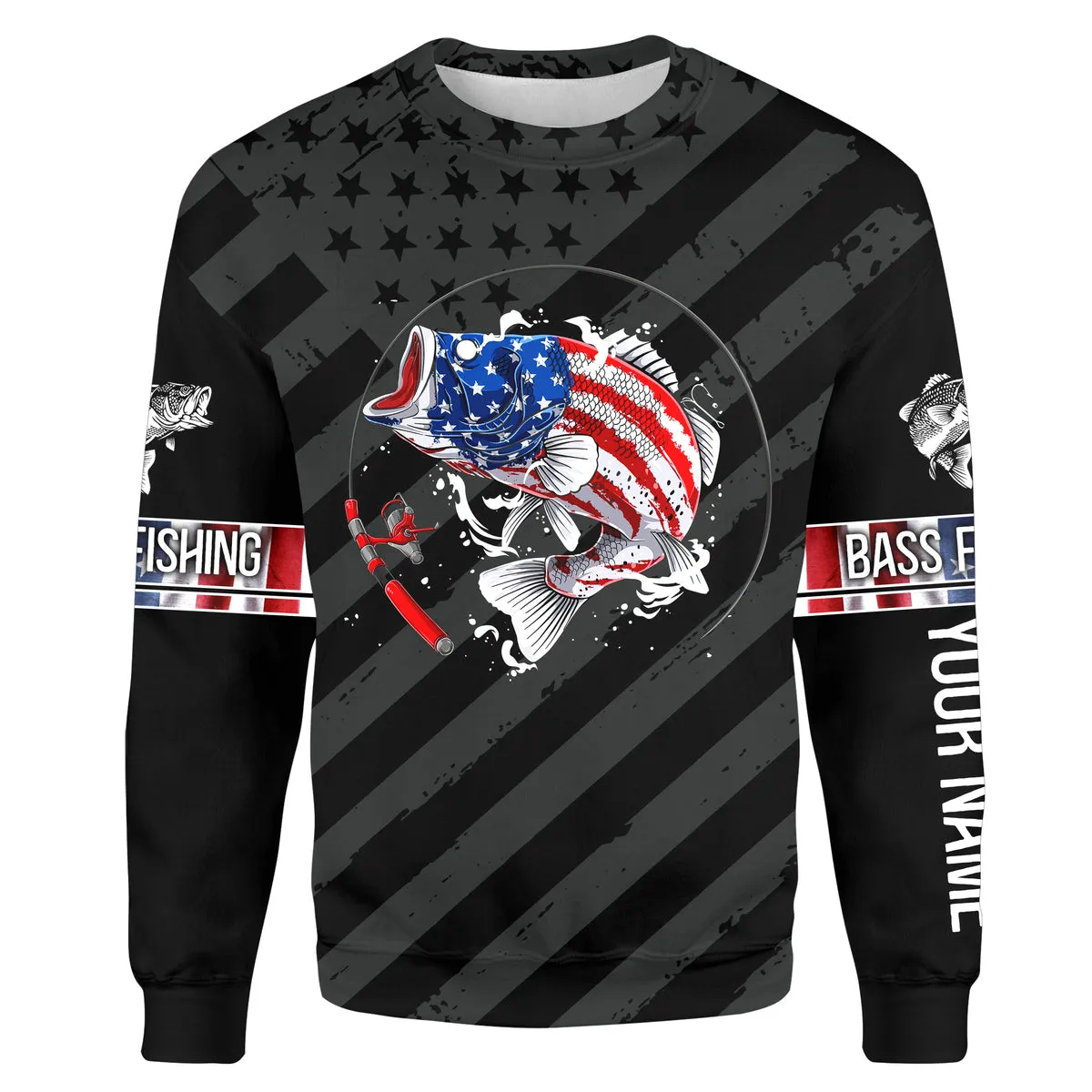 Largemouth Bass fishing black American flag Custom name fishing jerseys | Sweatshirt - NPQ827