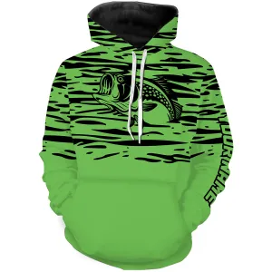 Largemouth bass fishing green color water waves Customize name fishing hoodie NPQ523