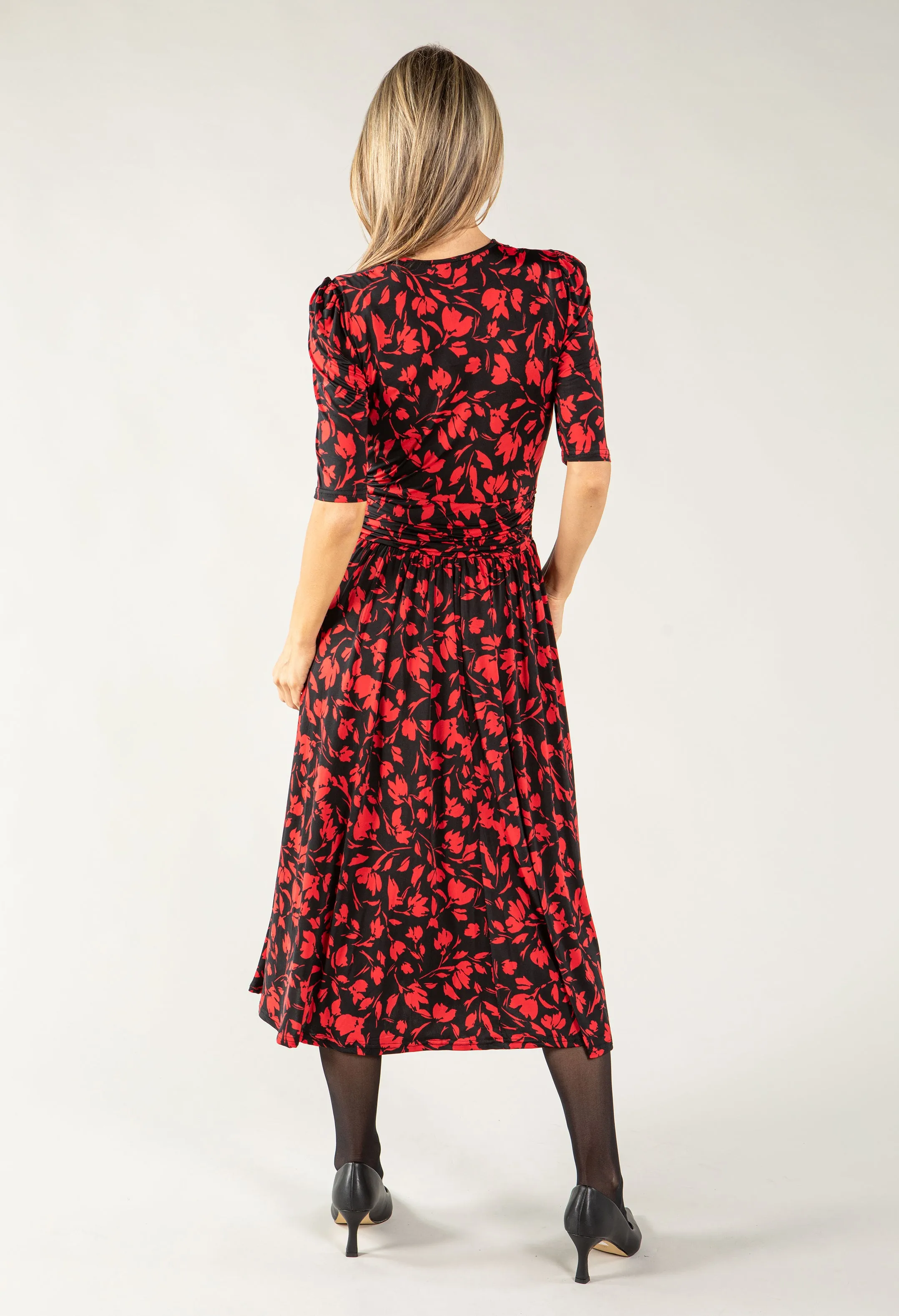 Leaf Print Wrap Bodice Midi Dress