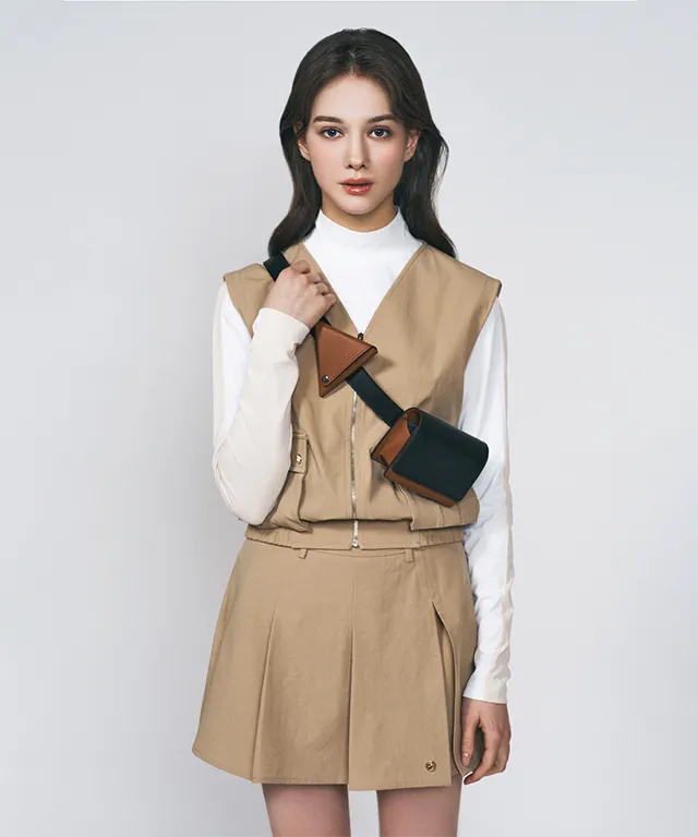 LENUCU Color Combination Mock Neck Inner Tee - White / Beige