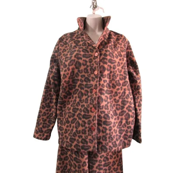 Leopard Print Guide Gear Pajama Set Top Bottom Cozy Fleece Ladies Large GUC