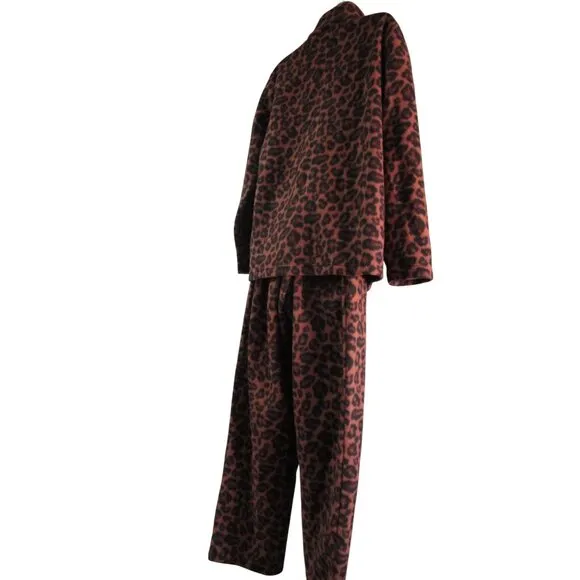 Leopard Print Guide Gear Pajama Set Top Bottom Cozy Fleece Ladies Large GUC