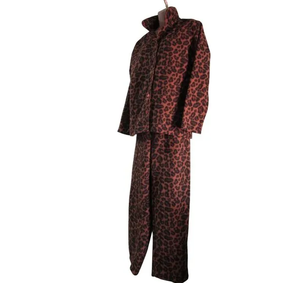 Leopard Print Guide Gear Pajama Set Top Bottom Cozy Fleece Ladies Large GUC