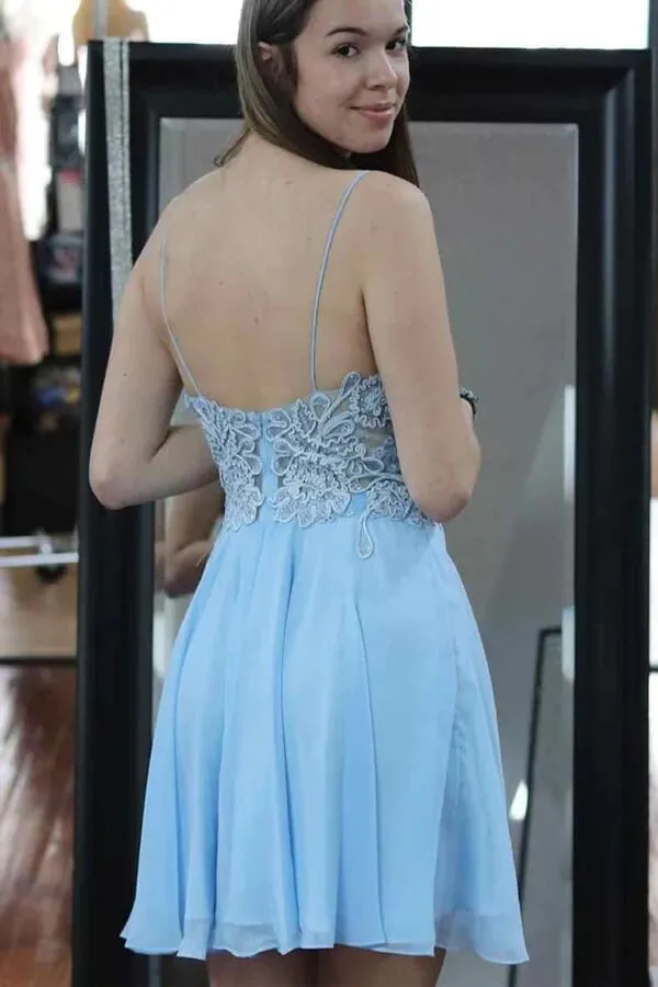 Light Blue A-Line Spagheti Straps Lace Appliques Homecoming Dresses, MH568