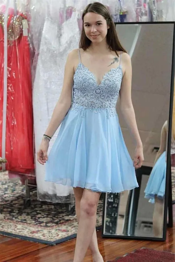 Light Blue A-Line Spagheti Straps Lace Appliques Homecoming Dresses, MH568