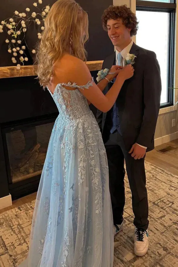 Light Blue A-line Tulle Off-the-Shoulder Prom Dresses With Appliques, MP816
