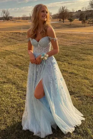 Light Blue A-line Tulle Off-the-Shoulder Prom Dresses With Appliques, MP816
