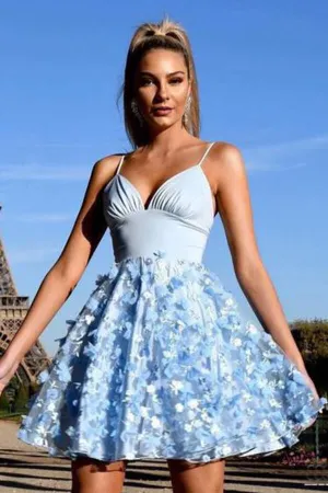 Light Blue A-line V-neck Spaghetti Straps Lace Flower Homecoming Dresses, MH580