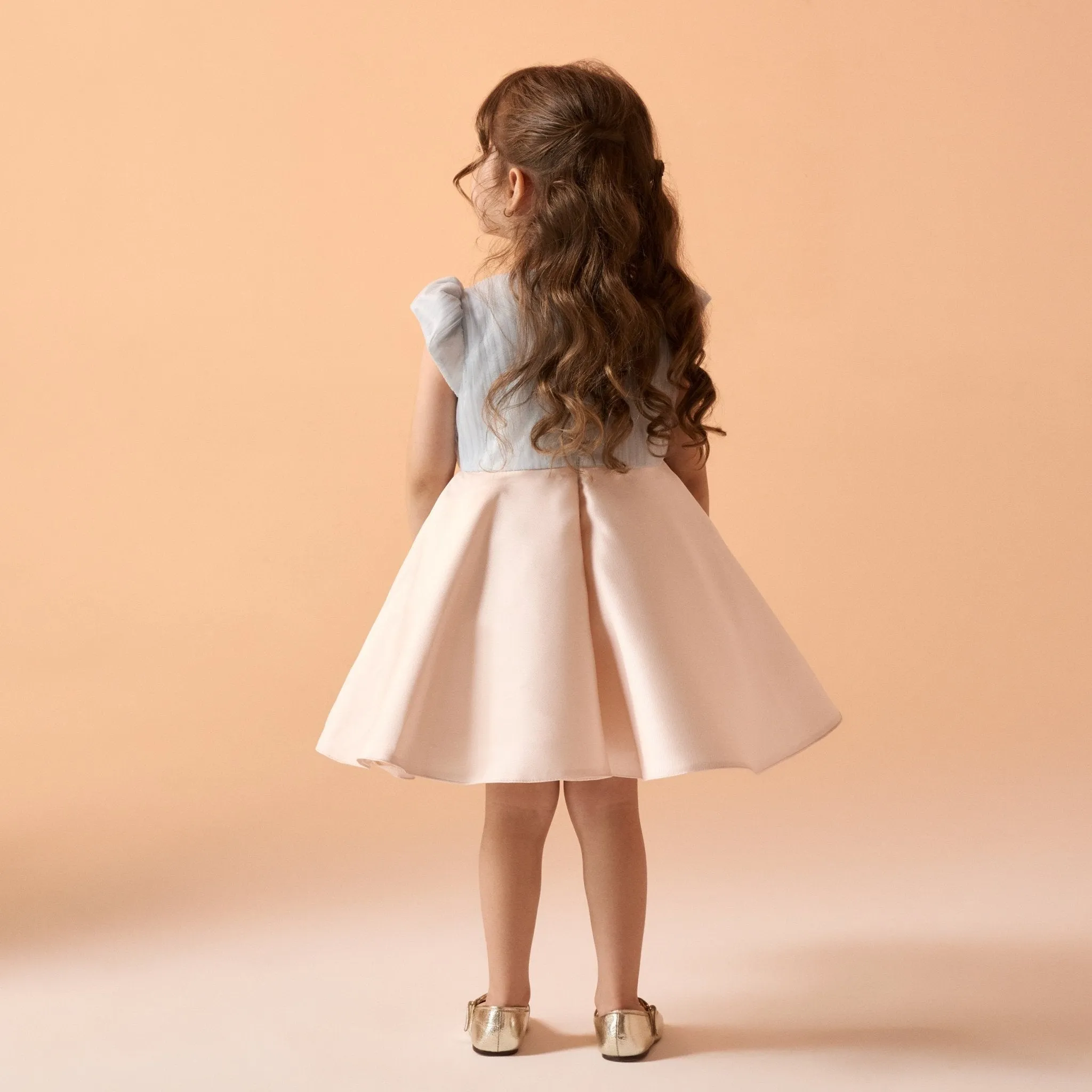 Light Blue & Beige Short Sleeve Taffeta Dress