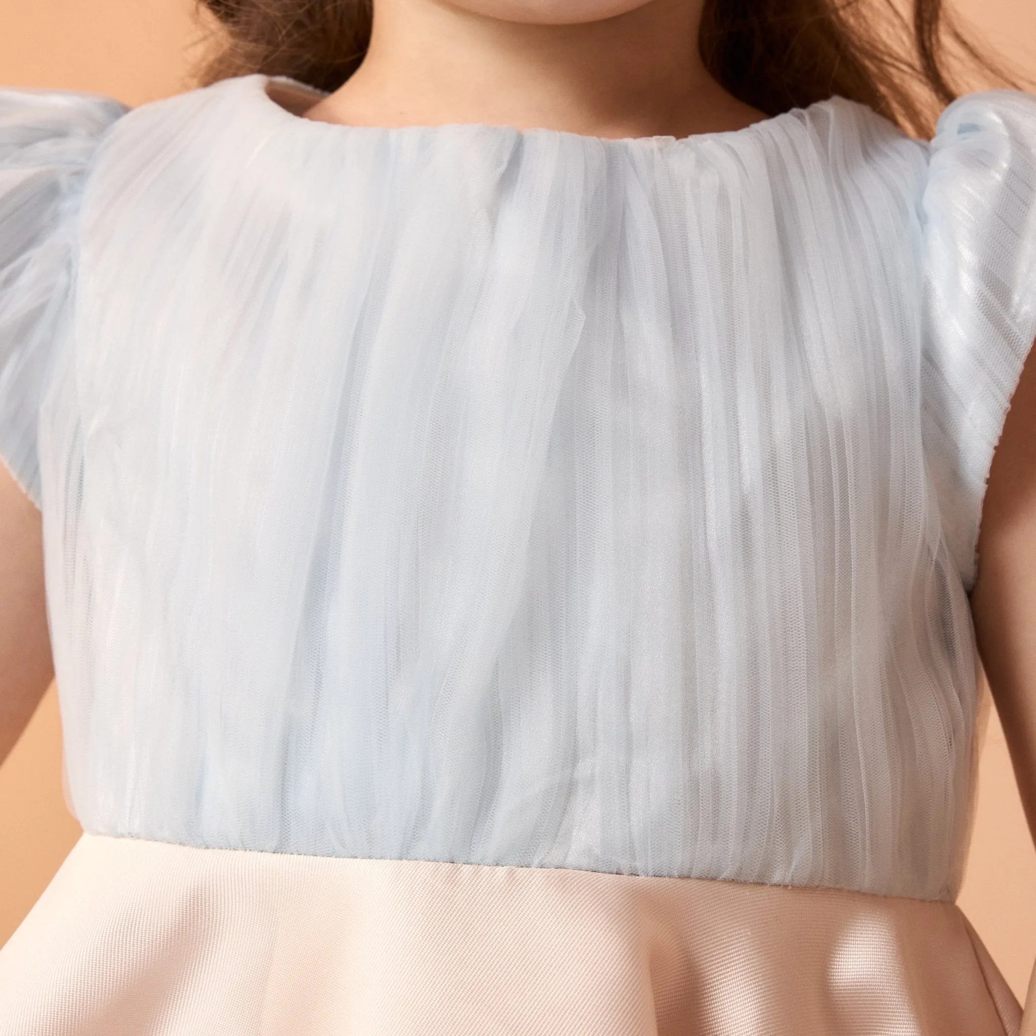 Light Blue & Beige Short Sleeve Taffeta Dress