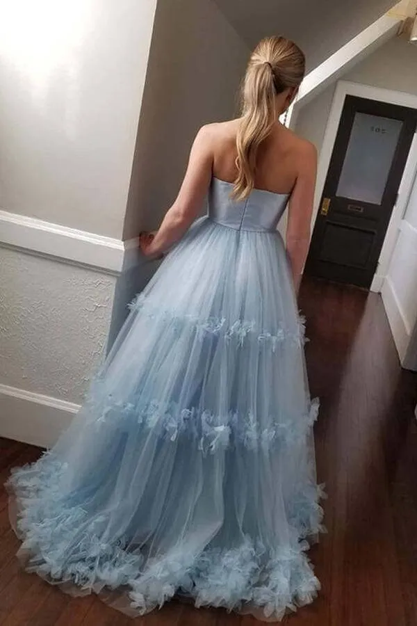 Light Blue Ball Gown Off Shoulder Strapless Long Prom Dresses, Evening Dress, SP674