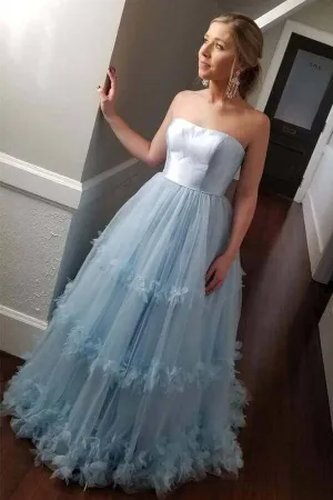 Light Blue Ball Gown Off Shoulder Strapless Long Prom Dresses, Evening Dress, SP674
