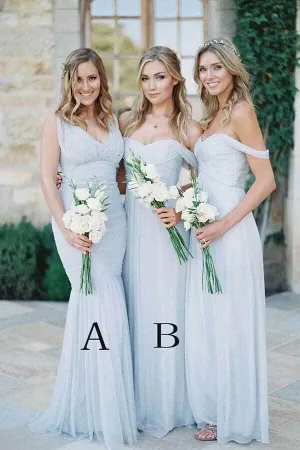 Light Blue Chiffon A-line Off-the-Shoulder Floor Length Bridesmaid Dresses, MBD179