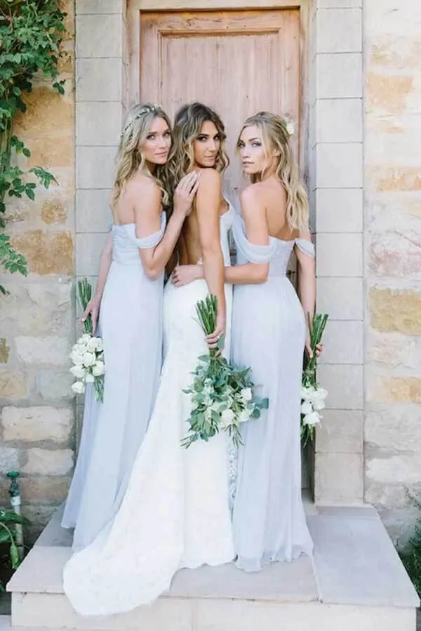 Light Blue Chiffon A-line Off-the-Shoulder Floor Length Bridesmaid Dresses, MBD179