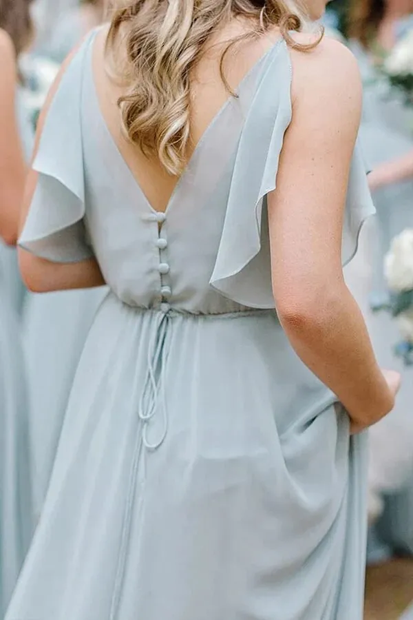 Light Blue Chiffon A-line V-neck Bridesmaid Dresses, Wedding Party Dress, MBD235