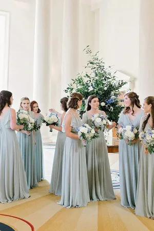 Light Blue Chiffon A-line V-neck Bridesmaid Dresses, Wedding Party Dress, MBD235