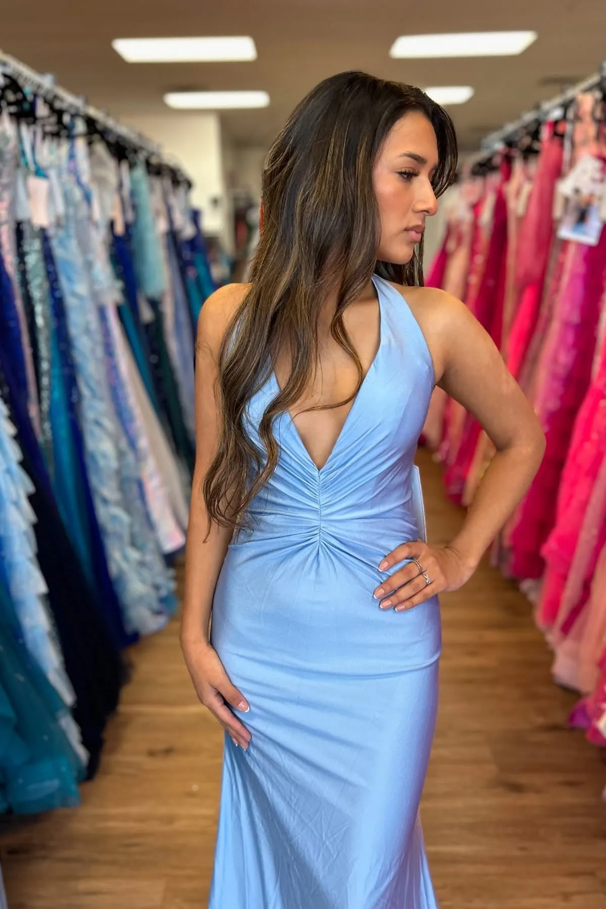 Light Blue Halter Ruched Ruffle Dress