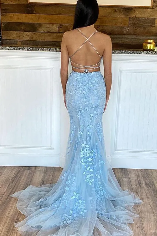 Light Blue Lace Mermaid Two Piece Scoop Prom Dresses, Evening Gown, SP744
