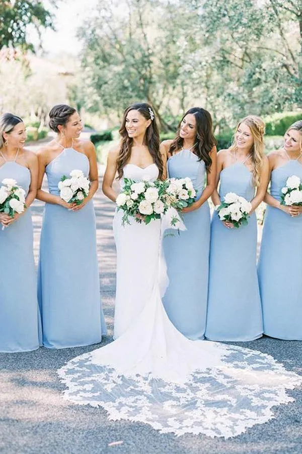 Light Blue Satin Sheath Halter Bridesmaid Dresses, Wedding Party Dress, MBD164