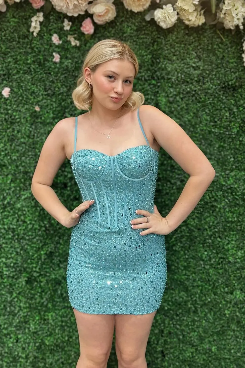 Light Blue Sequin Tight Mini Party Dress