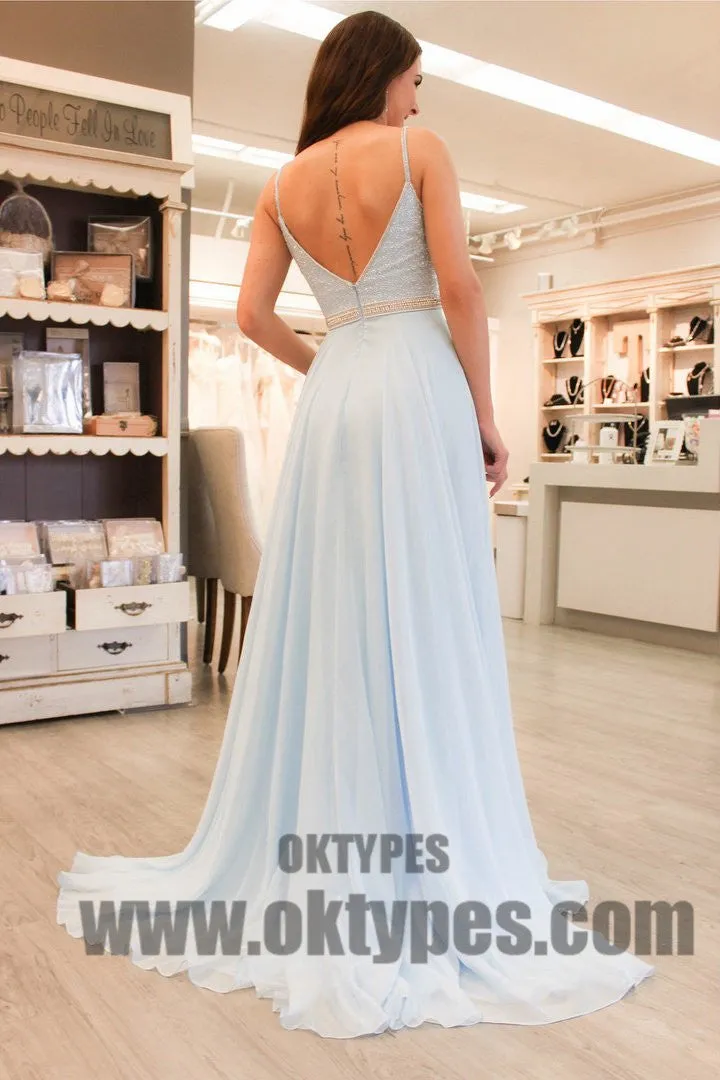 Light Blue Spaghetti Strap Sequin Chiffon Prom Dresses, Backless Prom Dresses, TYP0360
