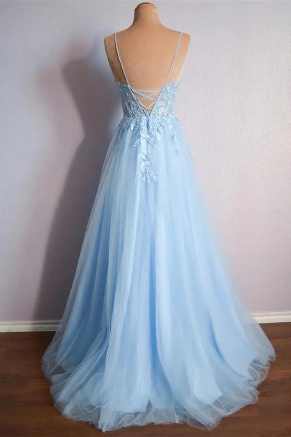 Light Blue Tulle A-line V-neck Spaghetti Straps Lace Appliques Prom Dress, MP878