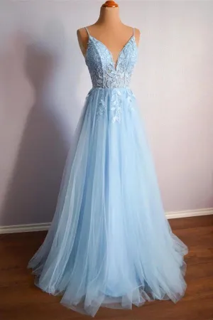 Light Blue Tulle A-line V-neck Spaghetti Straps Lace Appliques Prom Dress, MP878