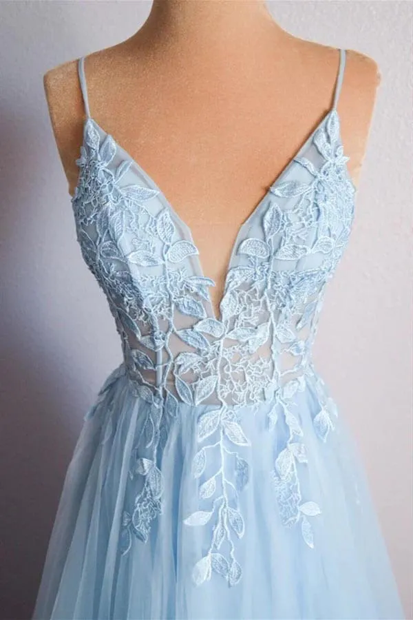 Light Blue Tulle A-line V-neck Spaghetti Straps Lace Appliques Prom Dress, MP878