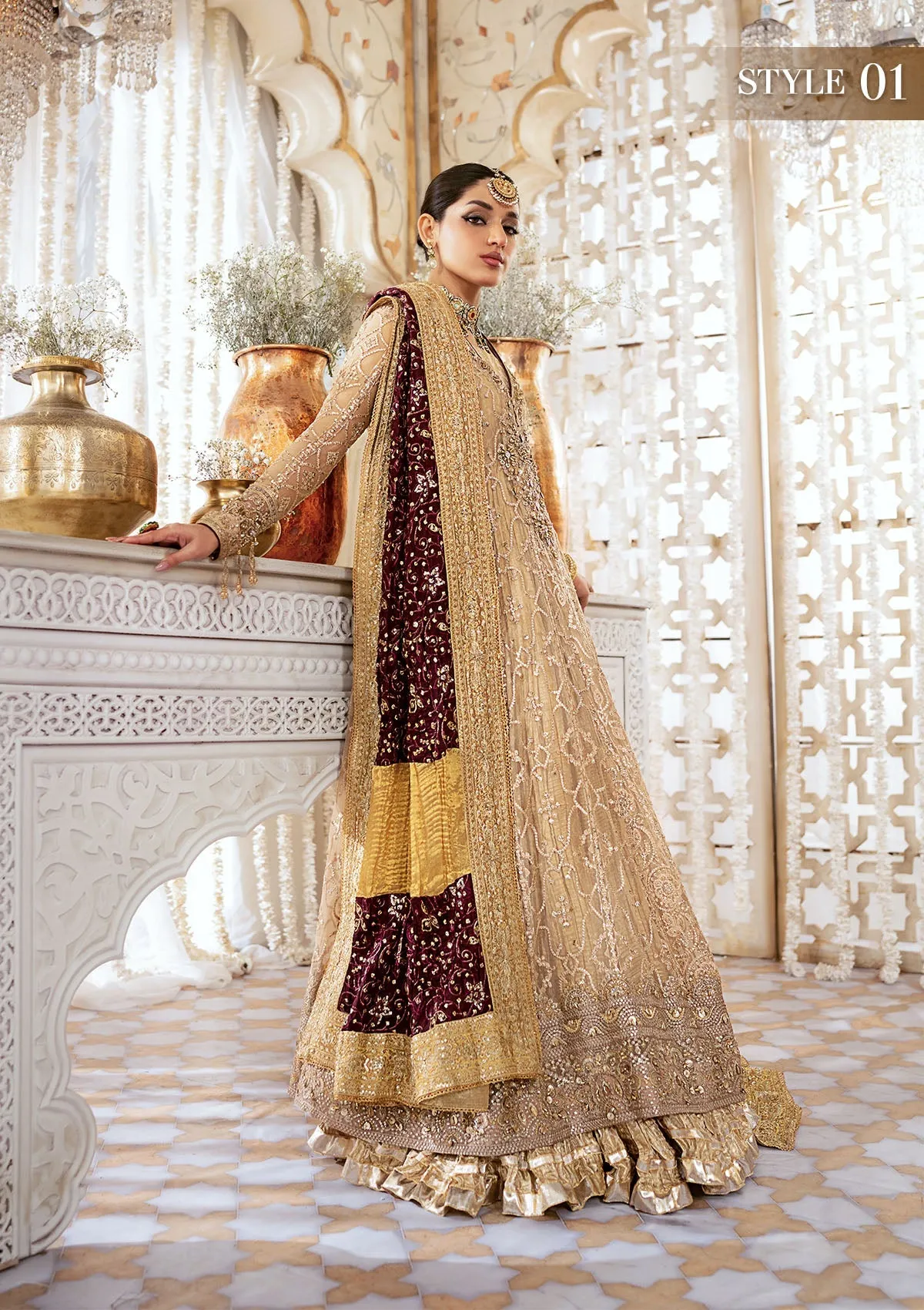 Light Brown Embroidered Kalidar Frock Pakistani Wedding Dress with Sharara