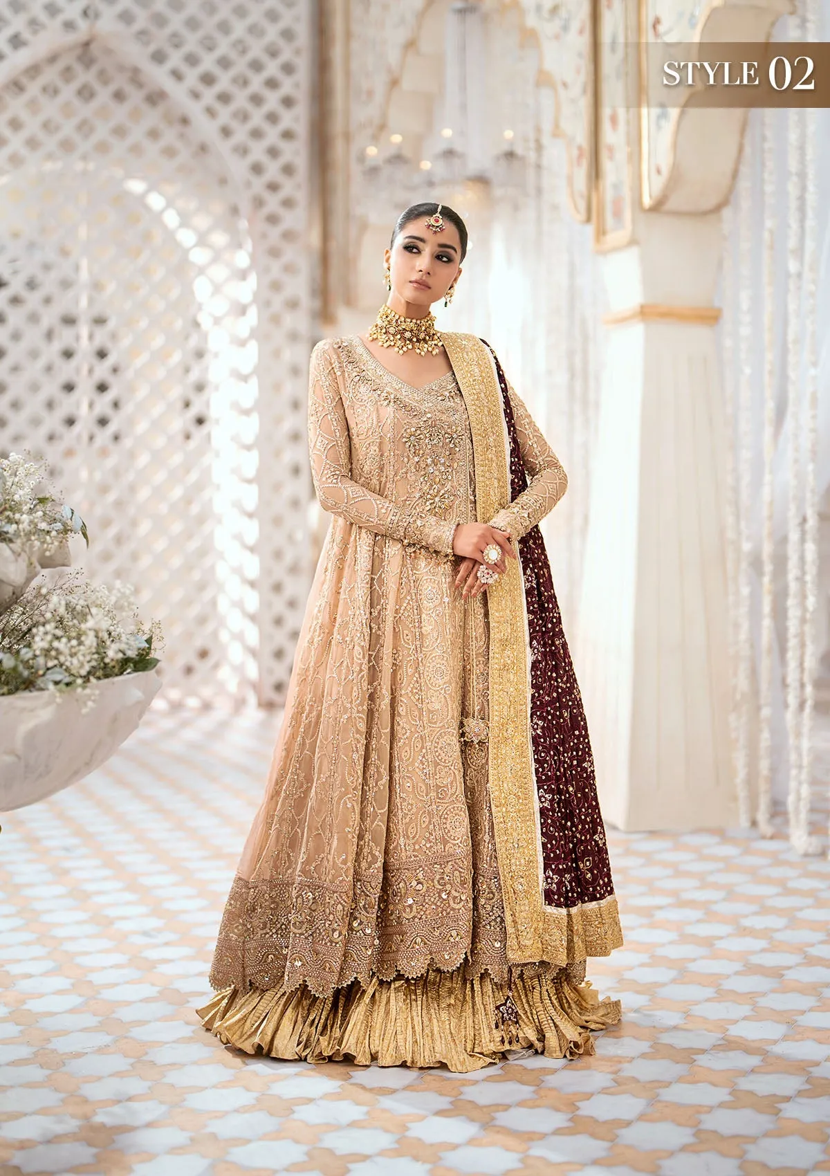 Light Brown Embroidered Kalidar Frock Pakistani Wedding Dress with Sharara