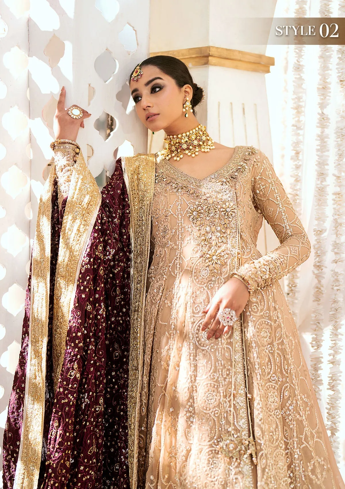 Light Brown Embroidered Kalidar Frock Pakistani Wedding Dress with Sharara