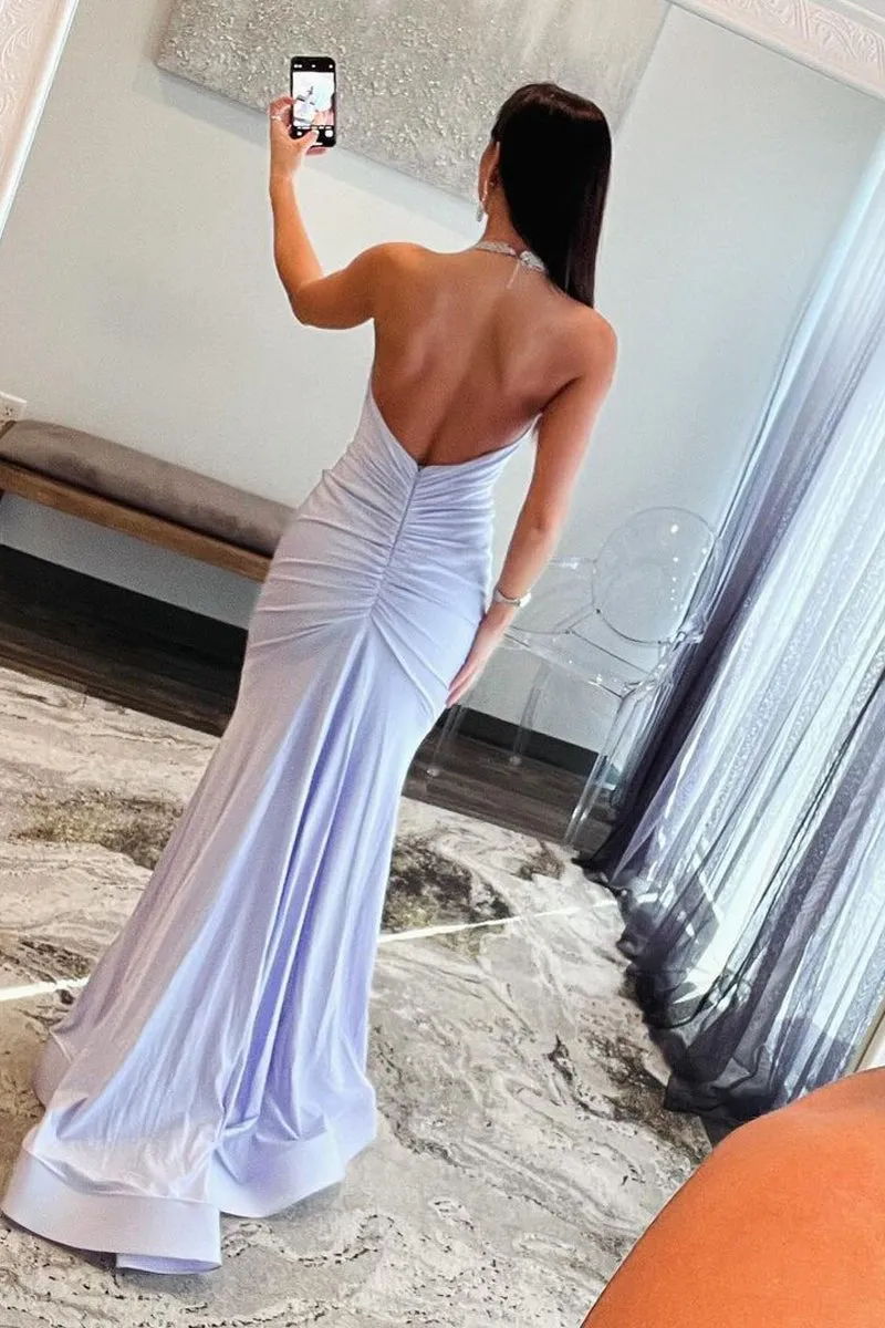 Light Halter Satin Mermaid Long Prom Dresses with Beading