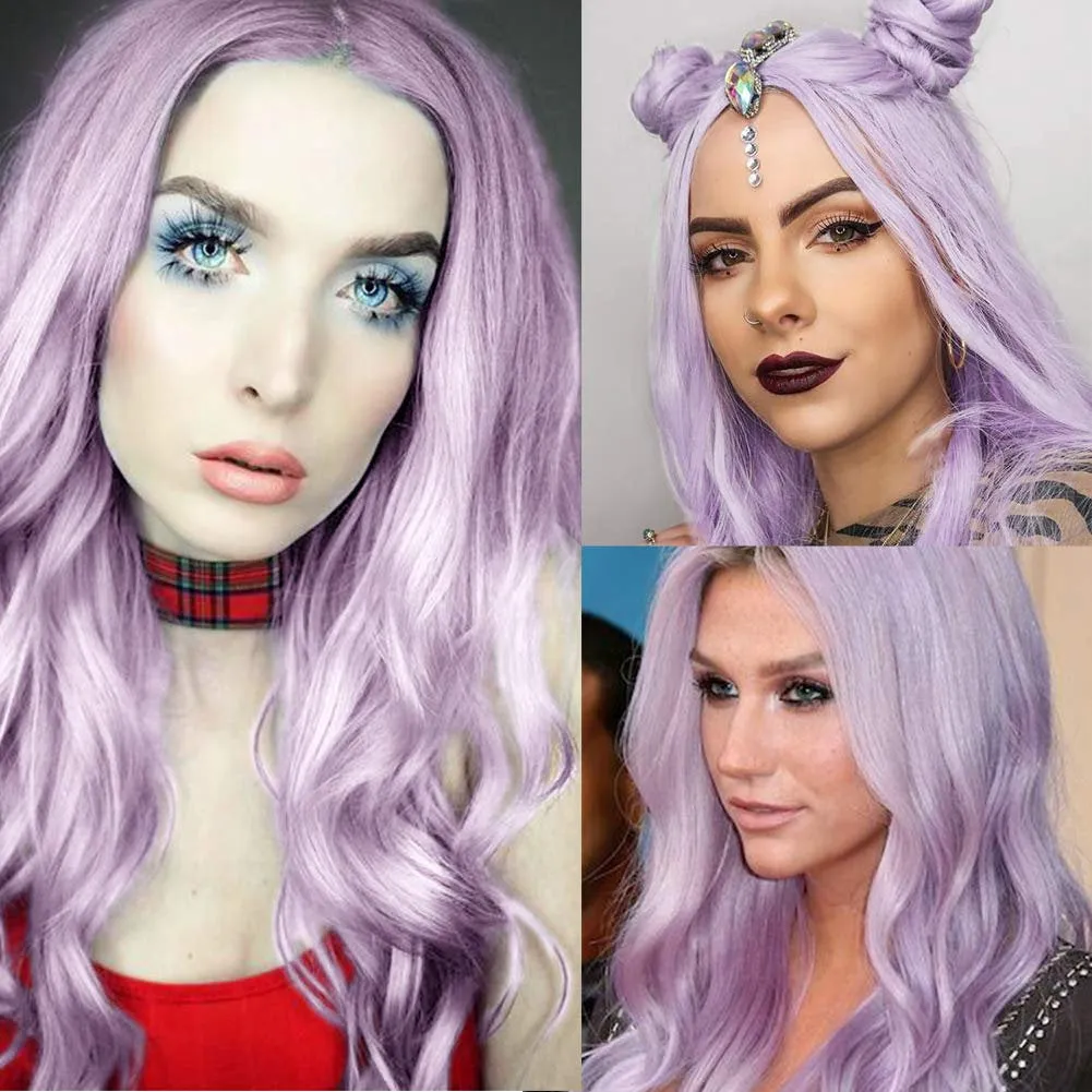 Light Lilac Purple Wavy 26" Synthetic Top Quality Heat Resistant Fiber Human Hair Feel Wig