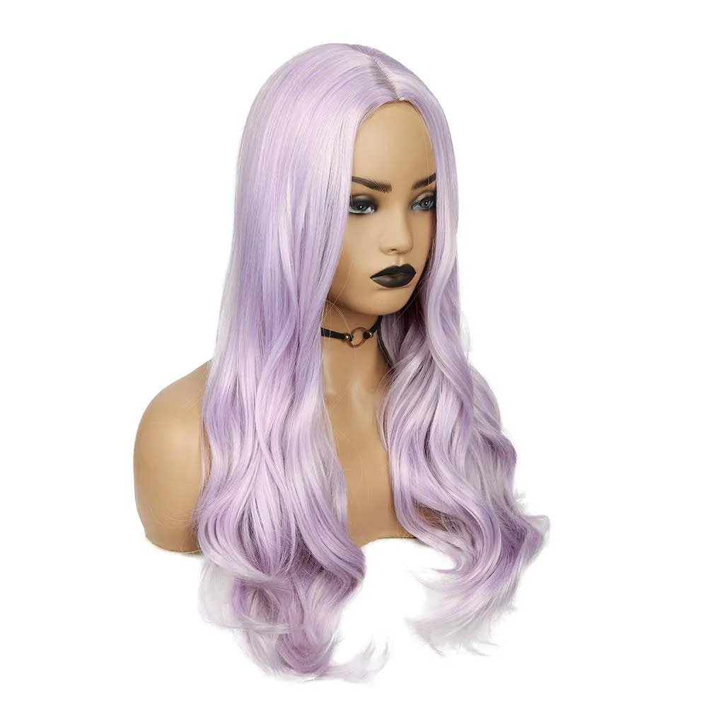 Light Lilac Purple Wavy 26" Synthetic Top Quality Heat Resistant Fiber Human Hair Feel Wig