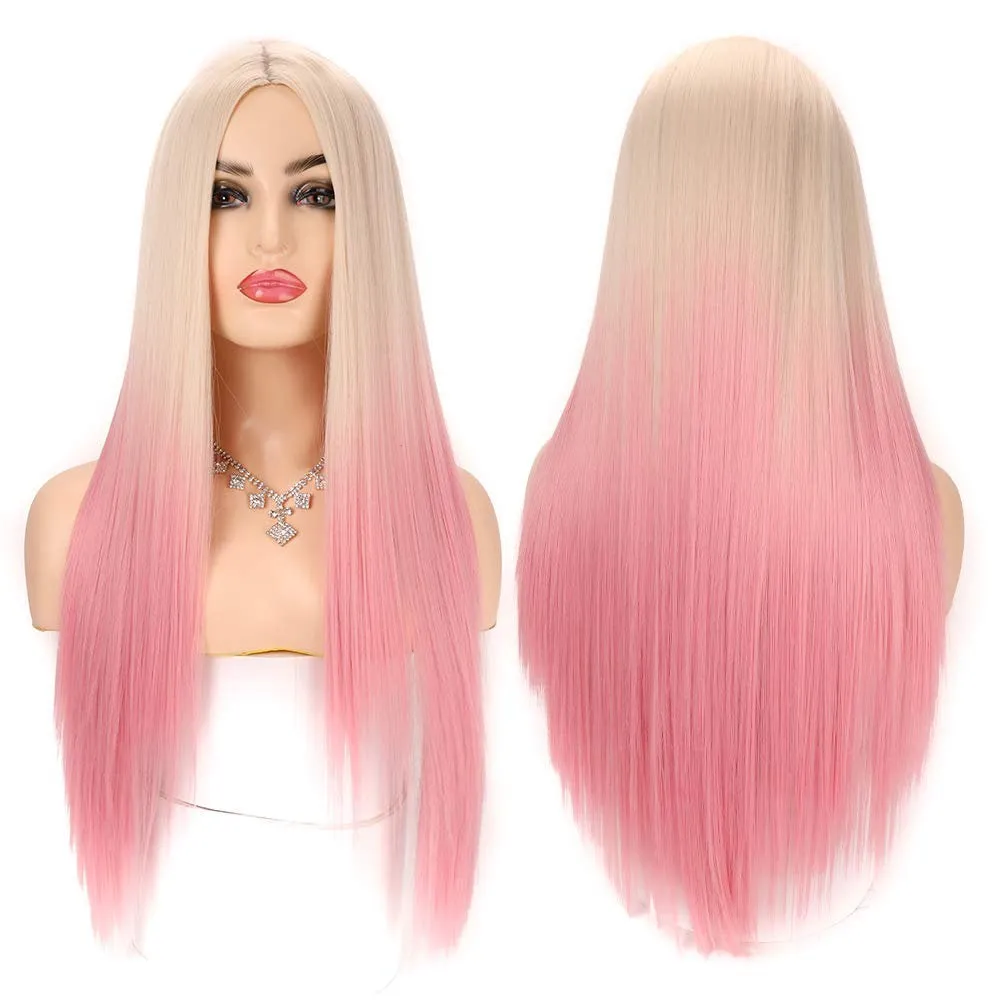 Light Linen to Pastel Petal Pink Straight Middle Parting Ombre Wig Synthetic Hair Natural looking and soft to touch Free Shipping Included