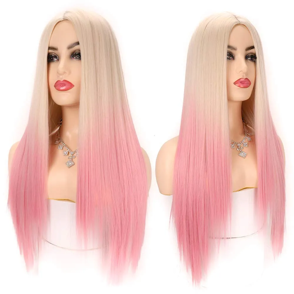Light Linen to Pastel Petal Pink Straight Middle Parting Ombre Wig Synthetic Hair Natural looking and soft to touch Free Shipping Included