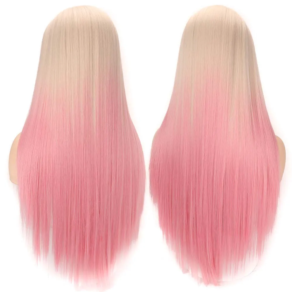 Light Linen to Pastel Petal Pink Straight Middle Parting Ombre Wig Synthetic Hair Natural looking and soft to touch Free Shipping Included